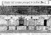 Dibujo mostrando la fachada interior y los corredores de la Caxa Real como fueron diseñados por el arquitecto